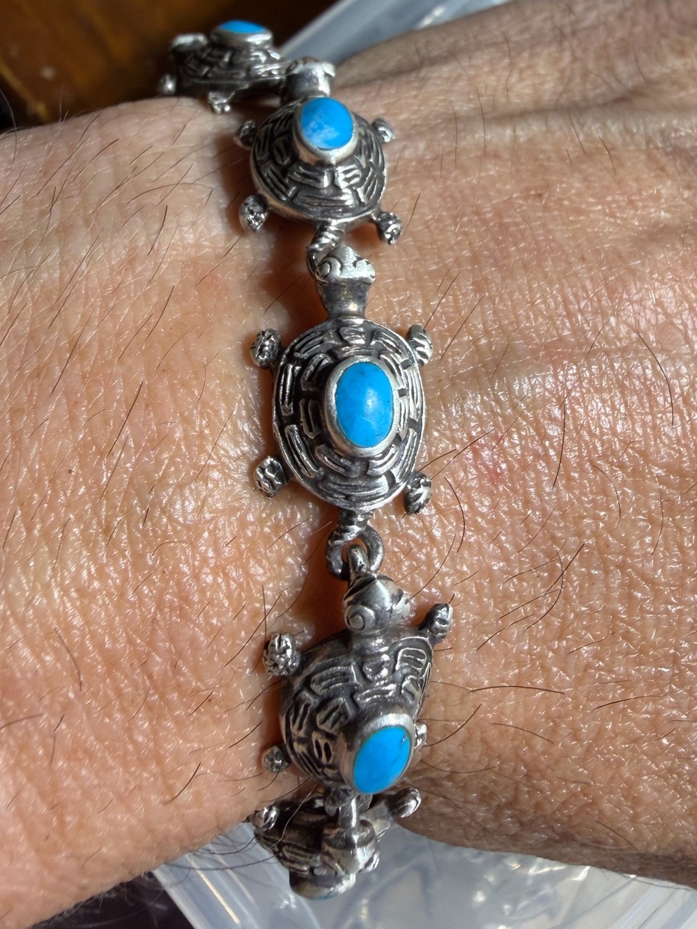 Vintage 925 Sterling Silver Turtle Turquoise Link Bracelet 7”